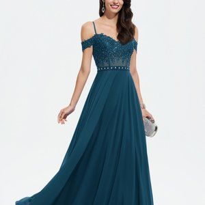JJs House Ink Blue Off-the-Shoulder Beaded A Line Ball Prom Formal Gown